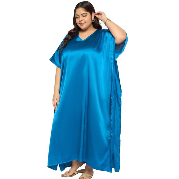 Gypsie Blu Satin Solid Plus Size Maxi Dress Stylish Caftan Dresses for Womens - Picture 4 of 6
